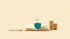 A paper plane rising above a shield on an open book, with a pen and a small building: a safe business start
