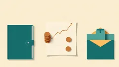 A teal ledger, a rising chart with stacked coins and an envelope: tax advice for a business