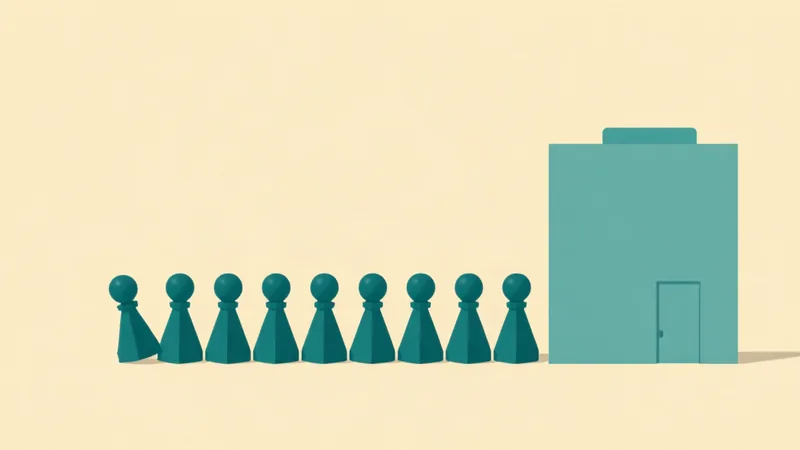 A row of teal game pawns lined up in front of a building: a staffing company