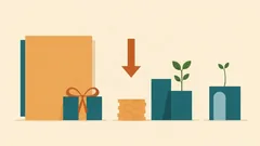 A gift box with a bow, an arrow pointing down at stacked coins and young sprouts: tax relief for new companies