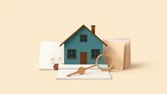A small house, a key and a magnifying glass on papers: a loan file secured on property