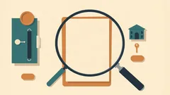 A large magnifying glass over a blank sheet, a folder, a small house and a key: checking a licence file