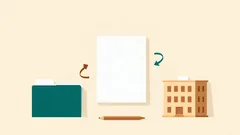 A blank sheet between two curved arrows, a teal folder, a pencil and a building: updating a business licence