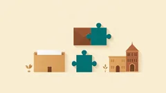 Two teal puzzle pieces, an envelope, a folder and brick buildings: changing the members of a company