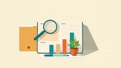A magnifying glass over a ledger with a bar chart, a potted plant and an orange folder: taxes on a new company