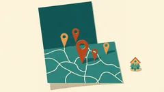 A teal map with several orange pins and a small shop beside it: choosing a business location