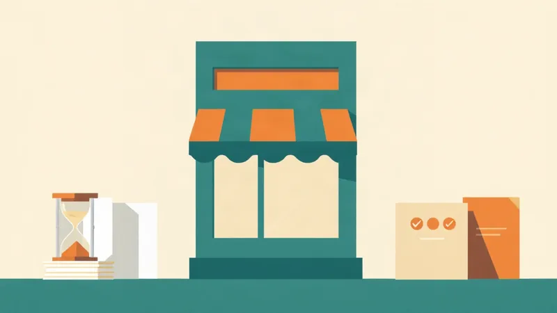 Shop with an orange awning, an hourglass and a card with three ticks: a household business licence in three days