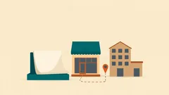 Shop with a teal awning, a map pin and a dotted path to a larger building: opening a new business location