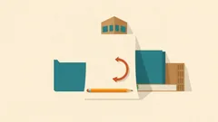 A circular arrow by a sheet, a teal folder, a pencil and books under a small building: amending a licence